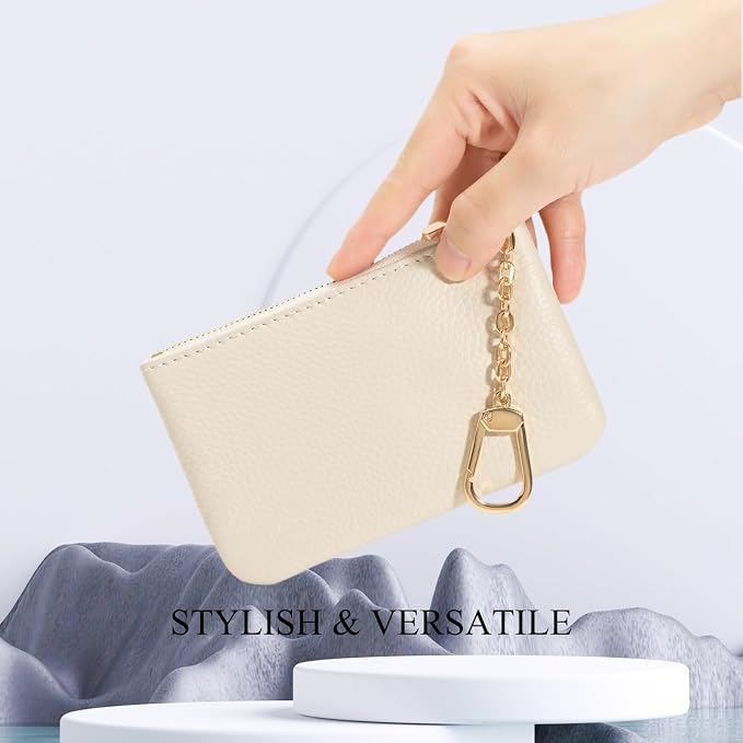 Full Grain Leather Coin Purse with Key Chain - Small Change Purse Keychain Card Holder Keychain Pouch Small Keychain Wallet for Women and Men (Creamy-white, Large Size)