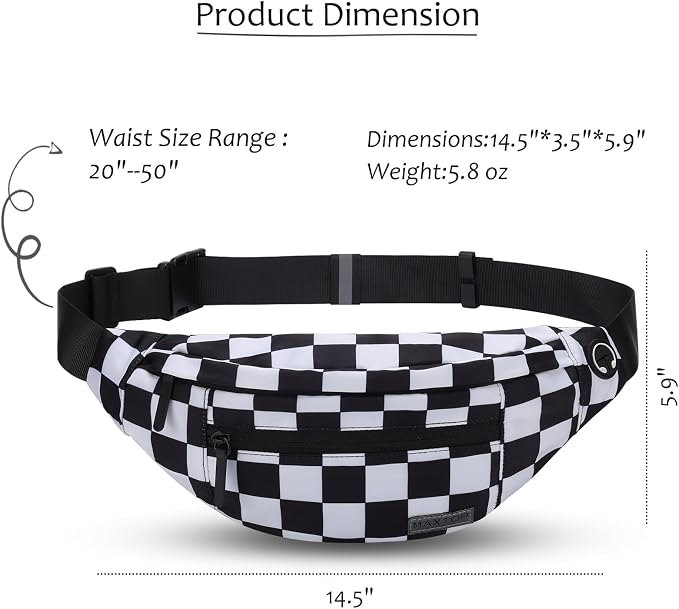MAXTOP Large Checkered Fanny Pack Crossbody Belt Bag for Shopping Traveling | Black and White Checkered,4-Zipper Pockets,Enjoy Shopping Sports Running Casual Hands-Free Passport Waist Bag