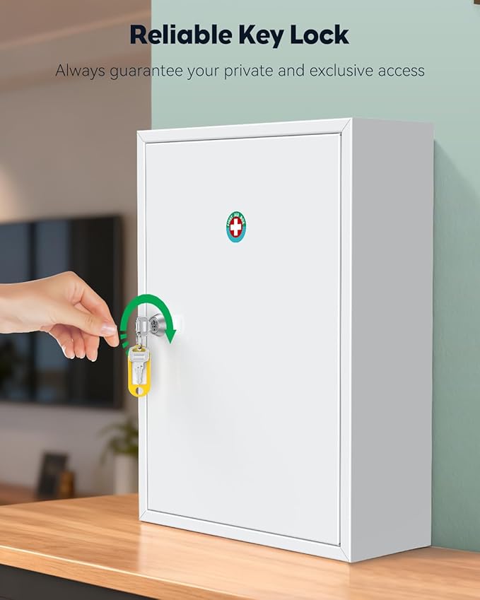 Uniclife Wall Mount Medicine Cabinet with Key Lock, Locking First Aid Cabinet, Lockable Medical Cabinet, Large Capacity Medicine Organizer, Secure Steel Wall Cabinet Metal Storage Box, White