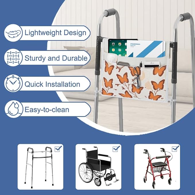 TOGETRUE Walker Bag, Easy Access Walker Storage Basket with 2 Large Pockets, Walker Accessories Bag for Folding Walker, Wheelchairs, Strollers, 13"x14.5" (Butterfly)