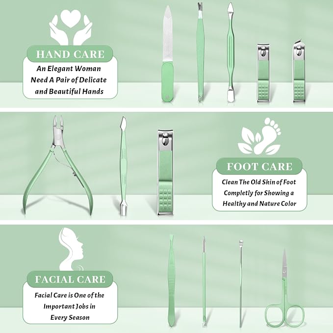 Manicure Pedicure Set, Nail Clipper Set for Men Women, Professional Manicure Kit Pedicure Kit, Nail Care Kit with Green Travel Leather Bag, Set 12 in 1