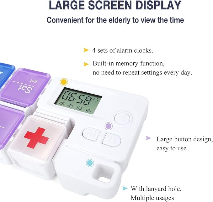 7-Day Pill Organizer with Medicine Reminder Alarm, Cozycabin Weekly Large Vitamin Box Organizer - AM PM Daily Travel Medication Box(Rainbow)