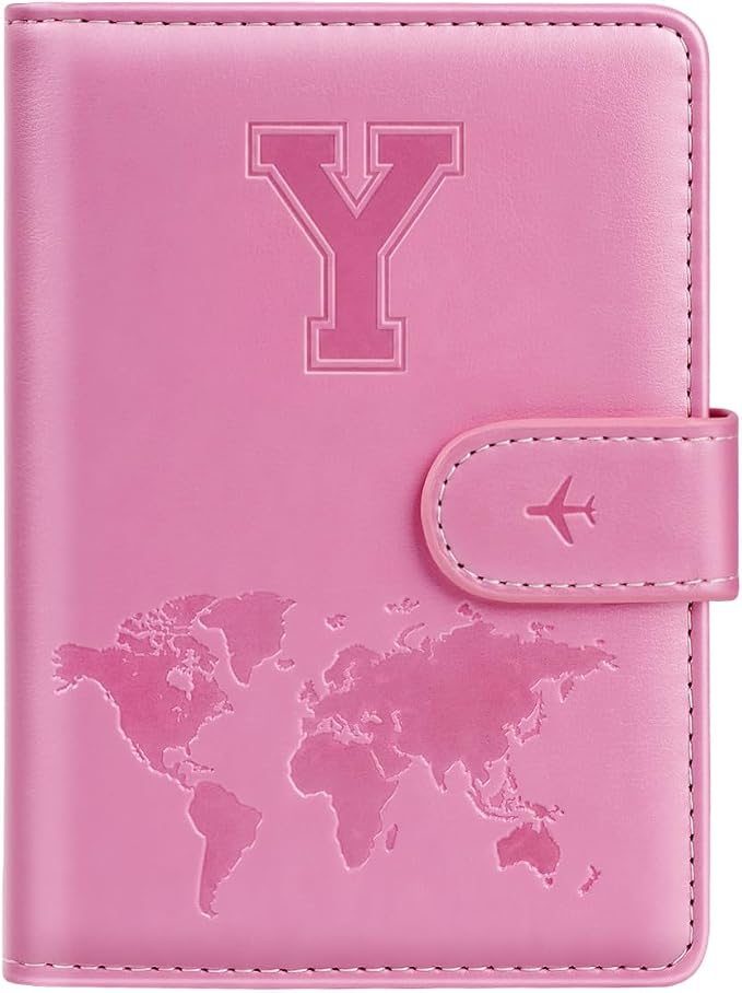 Passport Holder Cover Initial Letter A-Z Travel Wallet Personalized | Travel Essentials, Embossed Design, RFID Blocking, Personalized Gift, Passport Book Holders for Women and Girls, Pink-Y
