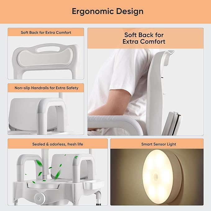 Bedside Commode Chair for Adults, 3-in-1 Commode Toilet for Elderly & Disabled, Portable Potty Chair with Bucket & Lid for Bedroom, Post Surgery & Home Care (GreyWhite)