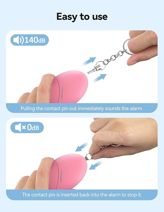 TECKNET Personal Safety Alarm for Women, 4 Pack Self Defense Keychain, 140dB Personal Alarm Loud Siren Safety Keychain for Girls Kids Elderly(Pink & Black & Yellow & Blue)