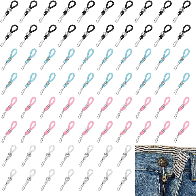 FINGERINSPIRE 80 Pcs Silicone Zipper Holder Upper with Rubber Rings, 4 Colors Hook Zipper and Button Zippers Puller Gadget to Keep Zippers up on Jeans Skirts Clothes