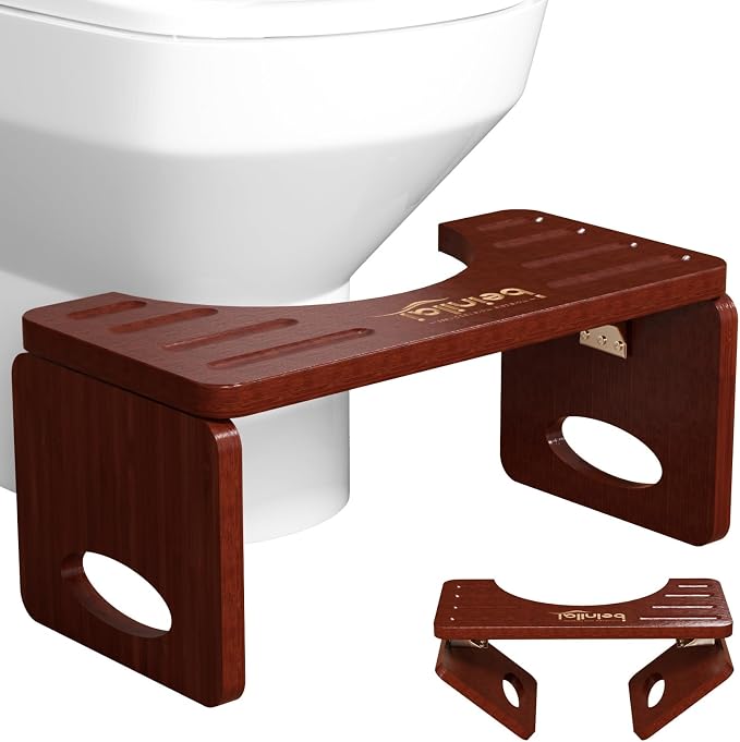 7 Inches Foldable Toilet Stool Squat Adult (Brown) | Poop Stool for Bathroom, Bamboo Squatting Potty for Adults with Anti-Slip Strip