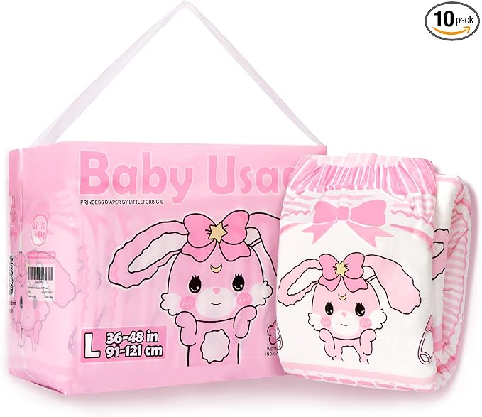 Littleforbig Adult Printed Diaper 10 Pieces - Baby Usagi (Large 36"-48")