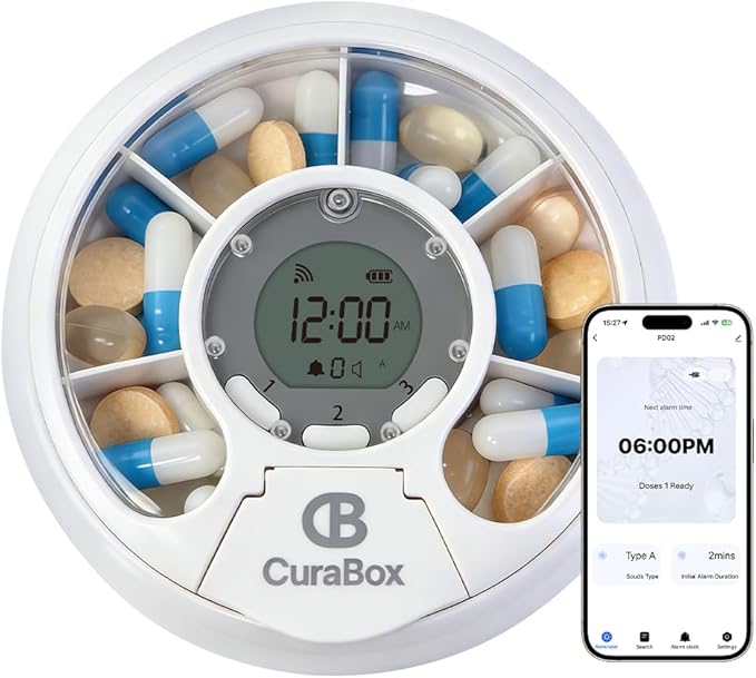 Bluetooth Auto Weekly Pill Organizer with App Alerts & Alarm, Travel Medicine Pill Dispenser with Clear Lid & LCD, Tracks Adherence History, Large Compartment for Vitamins, Supplements, Prescriptions