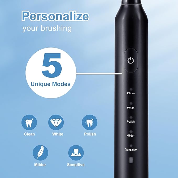 Sonic Electric Toothbrush Set for Adults, 5 Modes Rechargeable Toothbrush with 5 Brush Heads, 50-Day Battery Life, IPX7 Waterproof, 2-Min Smart Timer (Black)