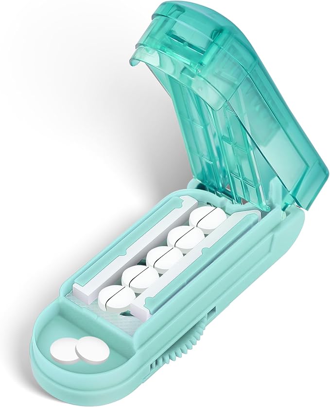DUBSTAR Pill Cutter Splitter for Small and Tiny Pills, Multiple Pill Cutters for Small or Large Pills, Adjustable Pill Splitter with Centering Device and Blade Guard for Multi Tablets (Cyan)