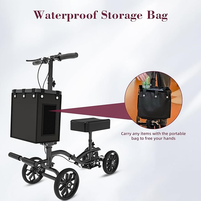 Lightweight Knee Scooter Crutch Alternative, Foldable & Adjustable Knee Scooter for Adults for Foot Surgery, Steerable Knee Walker with Detachable Basket, Includes DIY Stickers-Metallic Black