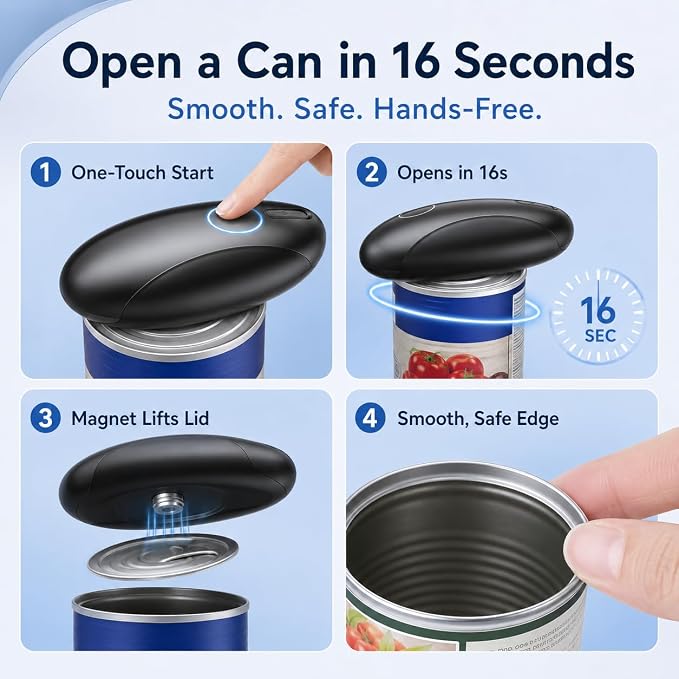 Rechargeable Electric Can Opener for Seniors & Arthritis, Automatic One-Touch Operation, Smooth Edge Cutting with Auto Stop & Magnetic Lid Lifter, Hands-Free, USB-C, Compact, Black