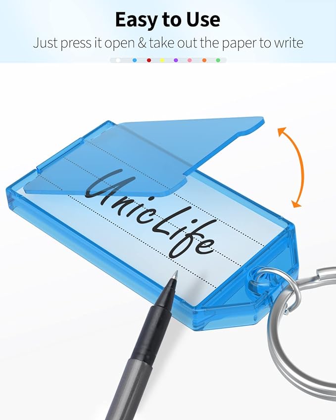 Uniclife 10 Pieces Key Tags 2 Inch Plastic Key Chain Tags with Ruled Blank Paper Labels Transparent Covers and Split Rings Sturdy Item Identifiers, 8 Colors | Tough plastic key tags with writable blank paper labels and clear covers keep labels protecte...