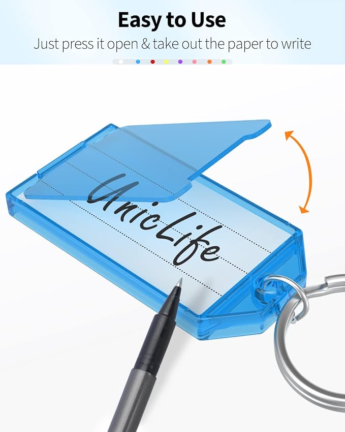 Uniclife 20 Pack Plastic Key Tags with Split Ring Label Window, 8 Colors | Tough plastic key tags with writable blank paper labels and clear covers keep labels protected, visible and easy to identify