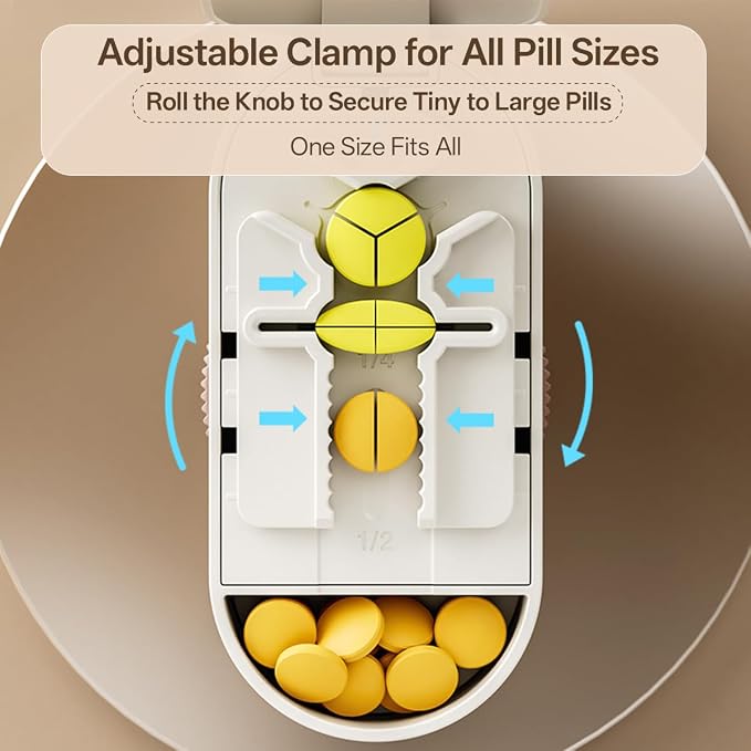 Pill Cutter Splitter for Small and Tiny Large Pills,Adjustable Pill Splitter Push-Button Cuts into 1/2, 1/3, 1/4，Comes with a Small Brush and a Medicine Storage Box (Green, Press-Cut)