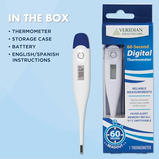 Veridian 60-Second Digital Thermometer with Rigid Tip | Oral, Rectal & Underarm Use, Fever Alert at 100.0°F, Memory Recall, Waterproof, Storage Case Included