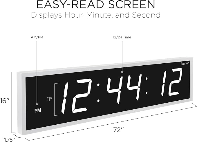 Ivation Huge Oversized 72" Large Digital LED Clock | Big Digital Clock w/Multi-Function Display – Stopwatch, Timer, Alarms, Temp & Date | 6 Brightness Levels, Time Memory & Remote (White)
