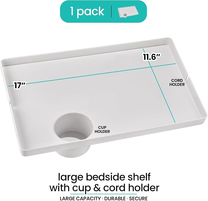 Modern Innovations Large White Bedside Shelf for Bed, 1 Count Clip On Nightstand with Cup Holder and Cord Holder, College Dorm Bunk Bed Shelf for Top Bunk or Kids Bedroom