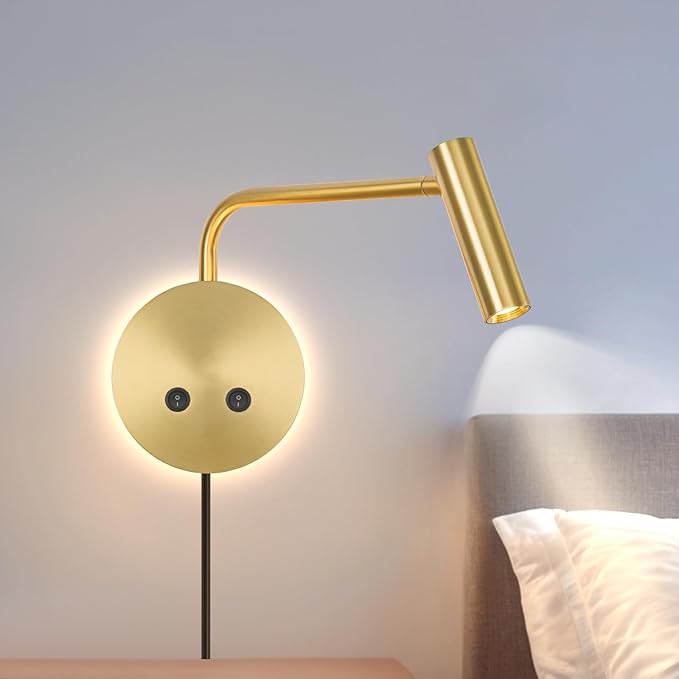 Gold Wall Mounted Reading Light, 3000K Flexible Headboard Reading Sconces with On Off Switch Control, Plug in/Hardwired Wall Light Fixtures with Night Light for Bedside Bedroom Bunk