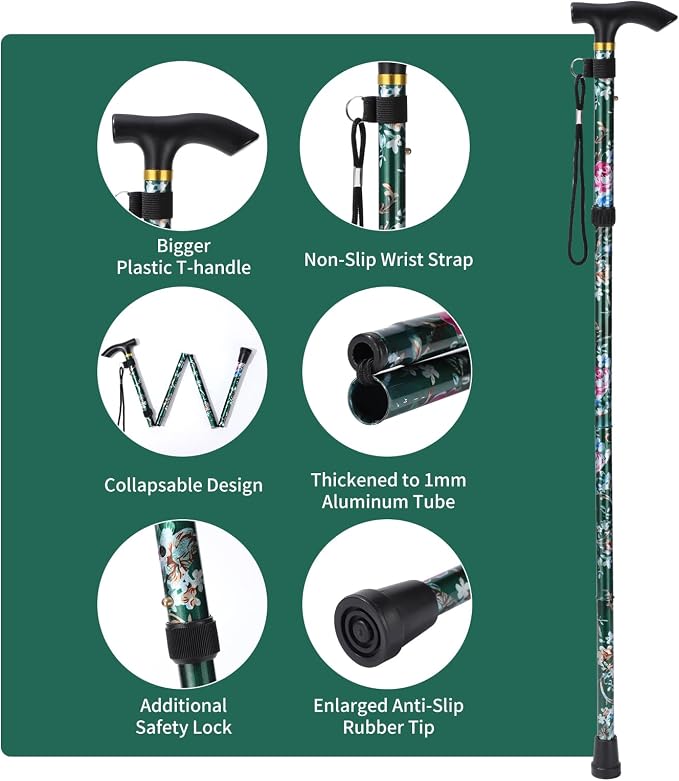 Walking Cane, Folding Cane for Man & Women, Portable Lightweight | 5-Level Adjustable Height, Collapsible Cane for Seniors Balancing Mobility Aid