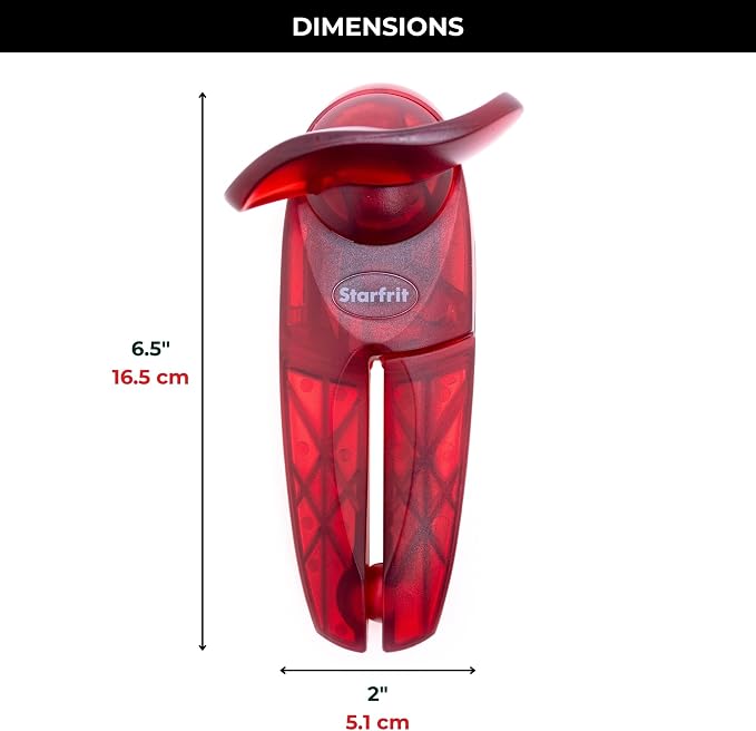 Starfrit Little Beaver Can Opener, Safe, Comfort Grip, Red | Safe can opener. Holds lid. No sharp edges. Comfort grip. 3-year warranty.