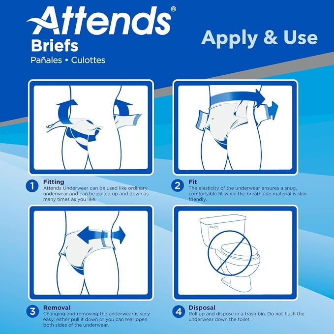 Attends Stretch Adult Incontinence Disposable Briefs, Large/X-Large, 40"-70" Waist with SecureGrip Tab Closure, Ultimate Absorbency with Dry-Lock Containment Core and Breathable Side Panels, 24ct Bag