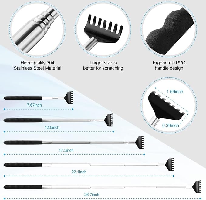 4Pcs Different Back Scratcher Extendable Back Massager Tool with Rubber Handles, Metal Portable Telescoping Back Scratcher, Stocking Stuffers for Men Women Christmas Gift (Black)