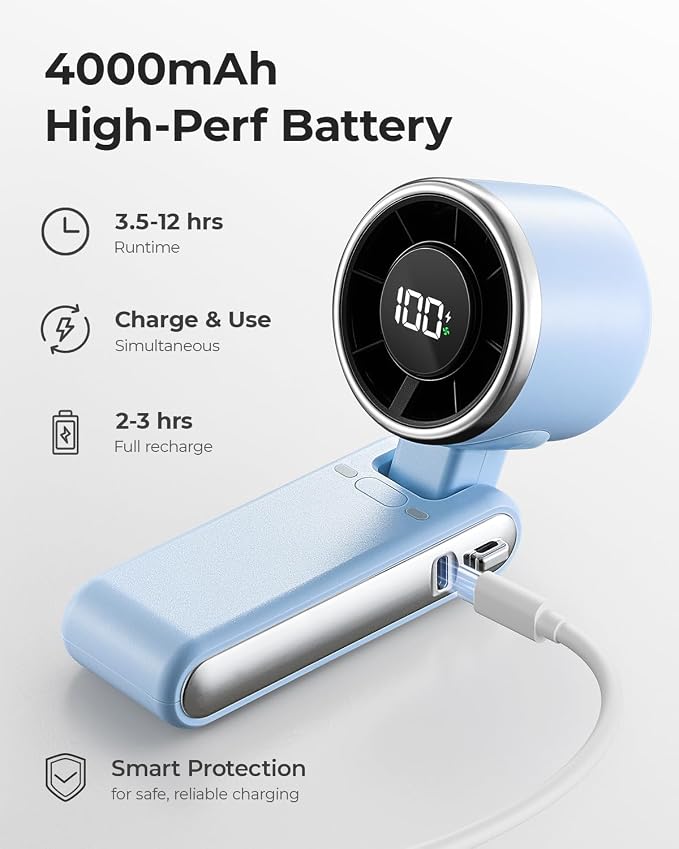 Portable Handheld Turbo Fan - 5 Gear High Speed 4000mAh Rechargeable Mini Personal Hand Fan Blow Cold Air, Battery Operated Travel Essentials, Gifts for Women, Men (Dew Drop Blue)