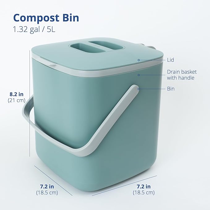 Blue Ginkgo Kitchen Compost Bin, 5L Countertop Compost Bin, Green | Odor-Tight. Filter-Free. Dishwasher Safe.