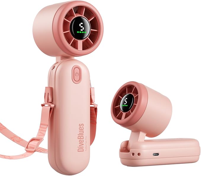 Diveblues Mini Portable Handheld Turbo Fan 27ft/s, 4000mAh Battery | 12H Max Cooling, 5 Speeds, LED Display, Quiet Motor, 3-in-1 Handheld/Neck/Desk Fan for Travel, Cruise & Disney Essentials