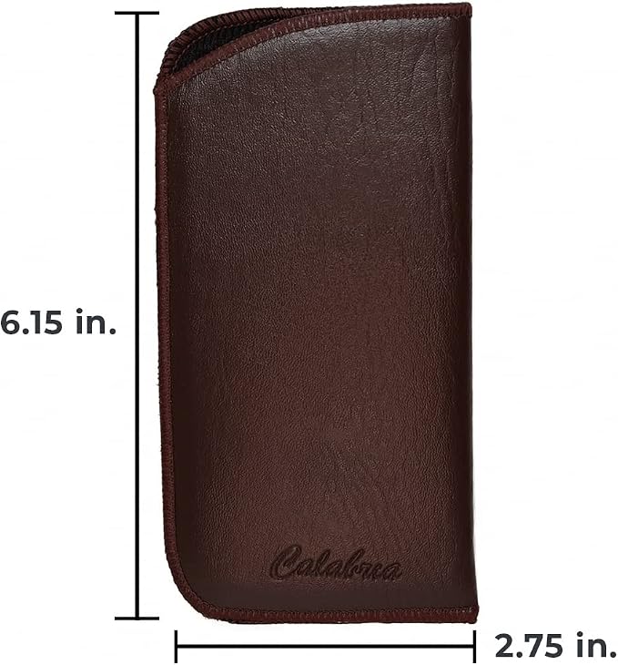 Calabria Slim Faux Leather Eyeglass Case Soft Slip-In Design [Brown without Clip - 1 Pack] | Compact Protective Pouch | Soft Case for Glasses | Lightweight Sunglass Storage
