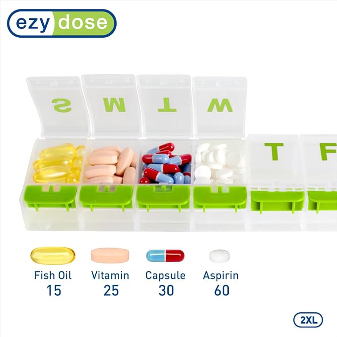 EZY DOSE Pill Organizer Weekly (7-Day), Medicine Planner, Vitamin Case/Box, 2X-Large Push-Button Compartments, Easy to Use, Travel-Friendly, Green, BPA Free