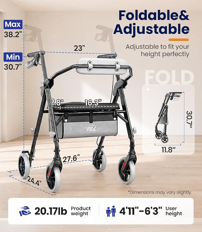 VOCIC Z11 Rollator Walkers for Seniors with Seat, 500 LBS Load, Ultra Wide | High-capacity support, 23" wide frame, ergonomic seat, dual brakes, and slim fold for home, shopping & daily walks, Black