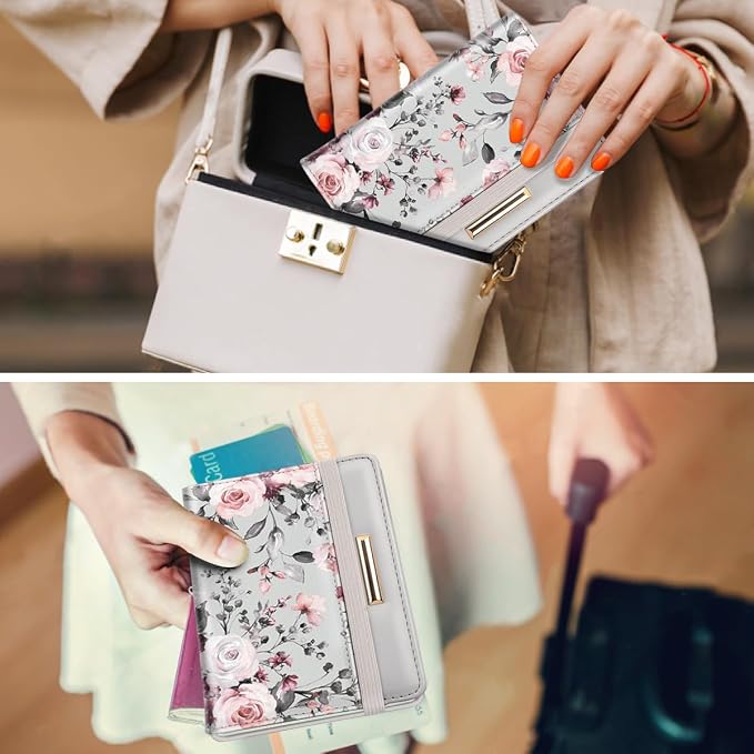 Coco Rossi Passport Holder for Travel Women Slim RFID Passport Cover Wallet | Travel Essentials, Passport Book Holders, Passport Wallet Cover Case, PU Leather, Cute, Thin, Spliced Design, Grey Flower