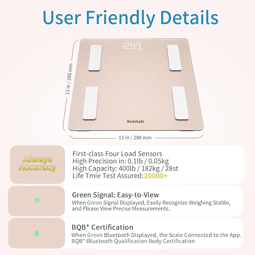 Homebuds FSA&HSA Smart Weight Scale, Precision 0.1lb by Our Professional Scale Factory Since 2001, Bluetooth Scale for Body Weight App Sync 13 Body Composition BMI and Body Fat, 400lb, Rose Gold