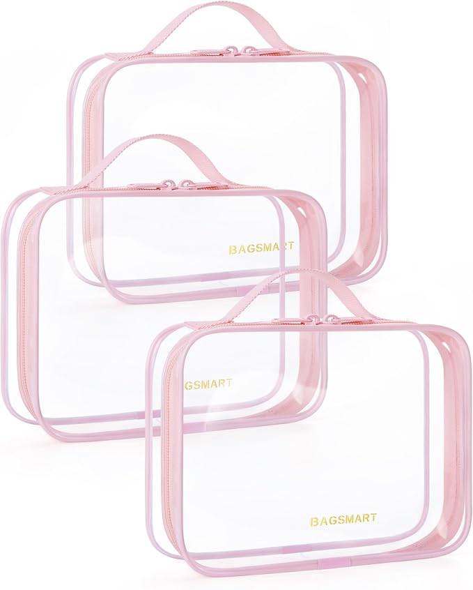 BAGSMART Clear Toiletry Bag with Handle 3-Pack TSA Approved, Pink | Water-resistant Travel Toiletry Bag, Carry On Travel Accessories Bag, Airport Airline Quart Size Bags Women Men, Makeup Bag