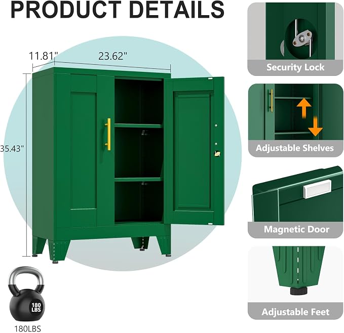 pozdeg 35.43" Lockable Metal Storage Cabinet, Steel Locker File Cabinet with 2 Doors ＆ 2 Adjustable Shelves, Multi-Purpose Organizer for Home, Office File Storage & Garage Locker (Green)