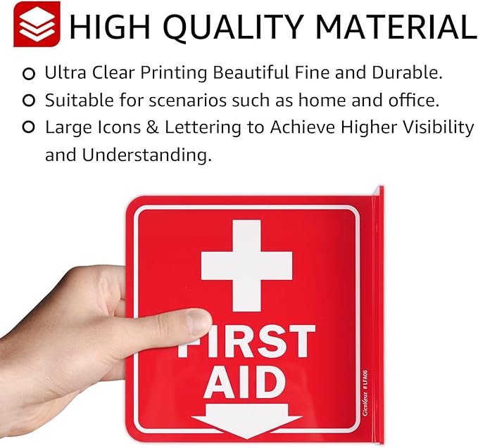 GicnKeuz First Aid Sign, 6" x 6" First Aid with Cross Symbol, Two-Sided Acrylic L-Sign for Business or Office or Wall Décor, Including Screws, Easy to Install (4 Pack)