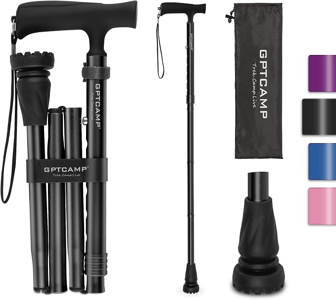 GPTCAMP G2 Walking Stick, Fold-up Walking Cane for Women and Men with Wrist Strap, Portable, Foldable, Collapsible, Lightweight and Sturdy with Comfortable T Handle