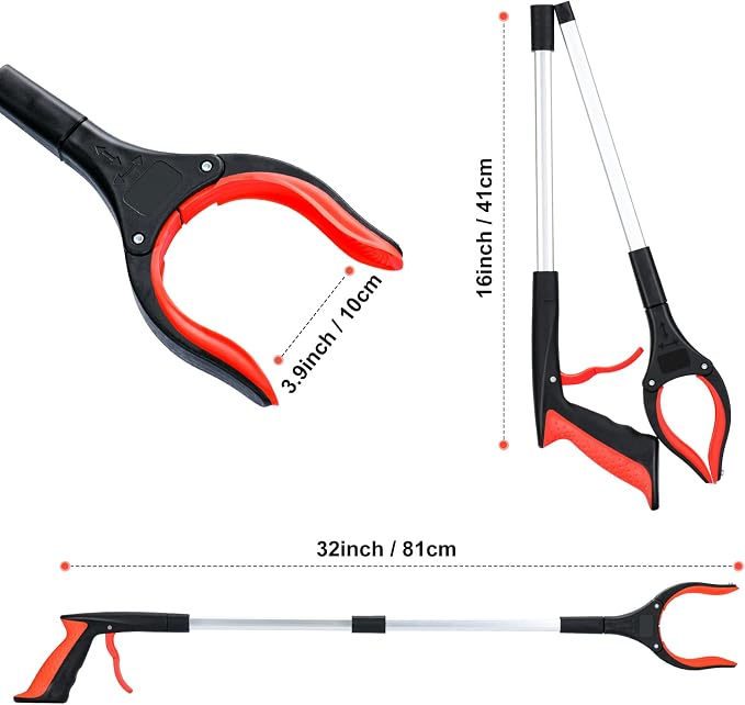 2-Pack Grabber Reacher Tool,32 Inch Extra Long Foldable Pick Up Stick with Strong Grip Magnetic,360°Rotating Anti-Slip Jaw,Trash Claw Grabber Tool,Trash Picker Tool for Outdoor & Indoor (Red)