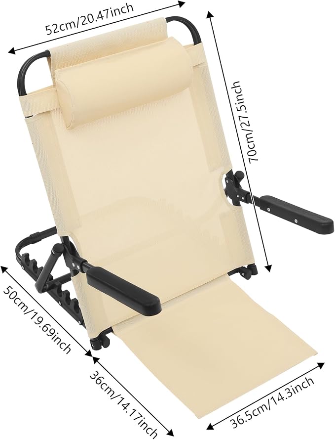 Adjustable Lifting Bed Backrest with Armrests 8-Position Adjustable, 330LBS Load Bed Back Support Chair for Reading Sleeping Watching TV, Portable Folding Floor for Elderly or Patients (Khaki)