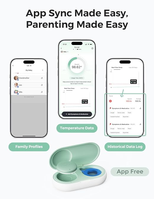 Momcozy Wearable Digital Thermometer for Baby, Continuous App Monitoring | Medical-Grade ,High Accuracy Thermometer for Kids & Infants, Instant Reads, Hypoallergenic 3M Sticker,APP Alert,Visual Trends