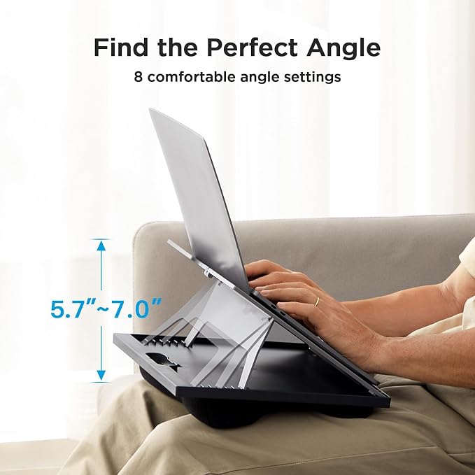 HUANUO Lap Desk with 8 Adjustable Angles – Up to 15.6" Laptop, Black | Dual-cushion base, carry handle, 30% thicker for durability, wider anti-slip ledge, for home office, sofa, bed, car