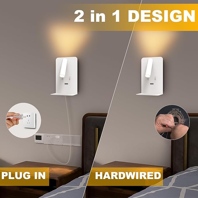 ZEROUNO Plug in Wall Light Bedroom Wall Mounted Reading Light LED Bedside Sconces with Switch USB Port Wall Lighting Lamps 3000K(White)