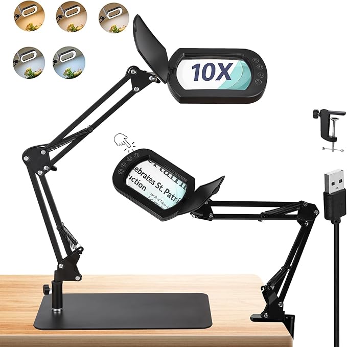 10X Magnifying Glass with Light and Stand: 2-in-1 LED Lighted Magnifier Lamp with Clamp - Hands Free Magnifying Glasses Desk Lamp for Reading Close Work Painting Craft Hobby