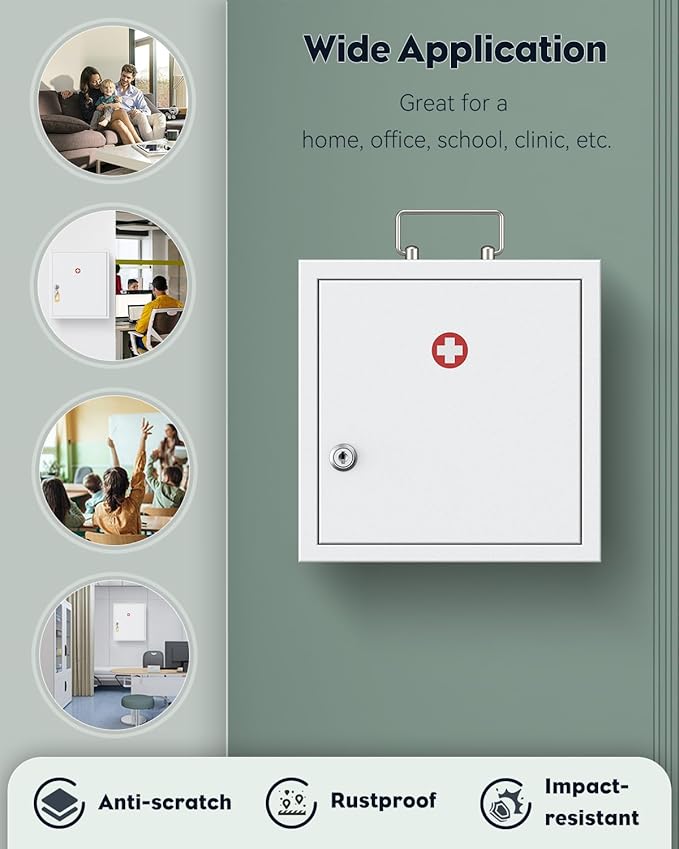 Uniclife Wall Mount Medicine Cabinet with Key Lock & Handle Locking First Aid Cabinet Lockable Medical Cabinet Medium Medicine Organizer Secure Steel Wall Cabinet Metal Storage Box, White