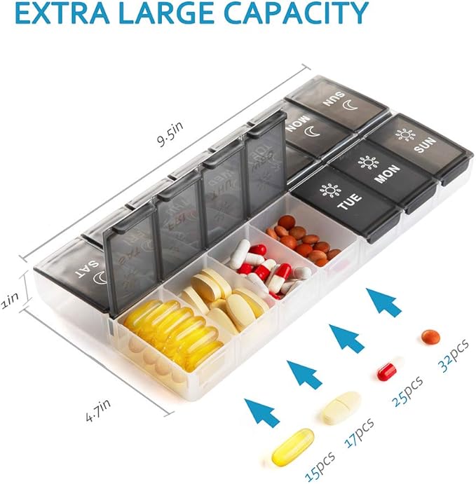 Mossime XL Large Daily Pill Organizer 2 Times a Day, Extra 7 Day Pill Box Am Pm, Weekly Day Night Vitamin Holder, Medicine Organizer, Big Pill Container, Medication Dispenser 14 Compartments
