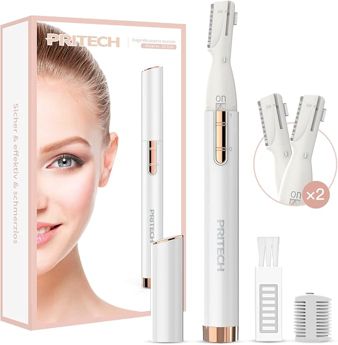 PRITECH Electric Eyebrow Trimmer - Facial Hair Remover Precision Razor | Painless Shaver with Comb & 2 Replaceable Blades - Battery Powered, Portable for Eyebrows Face Chin Neck Upper Lip Peach Fuzz