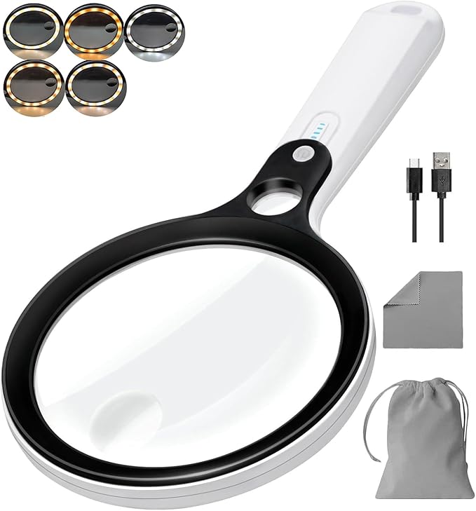 Magnifying Glass with 48 LED Light, 10X 20X 45X Handheld Illuminated Lighted Magnifier with 5 Light Modes Rechargeable Magnifying Glass for Seniors Reading Inspection (Black & White)
